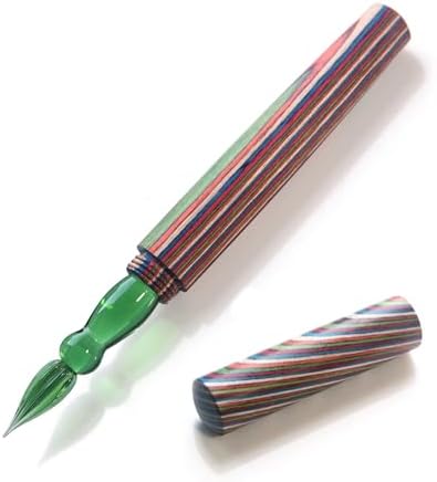 SeventyTwo Handmade Glass Dip Pen with Colorwood Handle, Borosilicate Emerald Glass Nib, Calligraphy Writing Set, Vintage Style (Emerald)