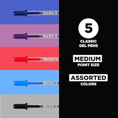 Sakura Gelly Roll Gel Pens, Medium Point, 0.4 mm Line, Assorted, 5 Pack