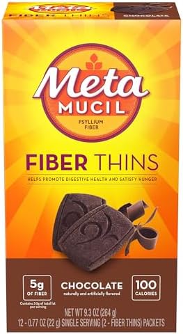 Metamucil Fiber Thins, Psyllium Husk Fiber Supplement, Digestive Health Support and Satisfy Hunger, Chocolate Flavored, 12 Servings (Pack of 2)