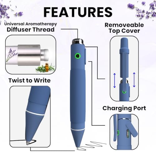 Aromatherapy Writing Pen Battery with Real Ink Tip and Hidden Diffuser Port, Soft Touch Ballpoint for Note Taking, Signature, and On-The-Go Relaxation, Rechargeable Wellness Gift for Office (Blue)