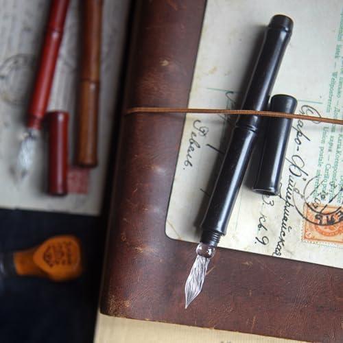 SeventyTwo Handmade Glass Dip Pen with Wood Handle, Fine Point Writing Instrument with Display Case (Black)