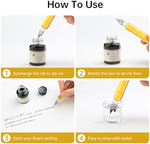 Vintage Glass Dip Pen Ink Calligraphy Set Elegant Writer Kit with Pen Stand, Ink,Notebook for Beginners Artists Unique Gift for Drawing, Writing, Stationery Lovers L16 (Yellow)