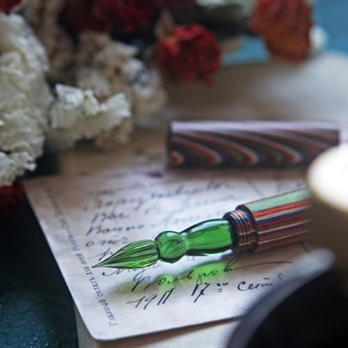 SeventyTwo Handmade Glass Dip Pen with Colorwood Handle, Borosilicate Emerald Glass Nib, Calligraphy Writing Set, Vintage Style (Emerald)