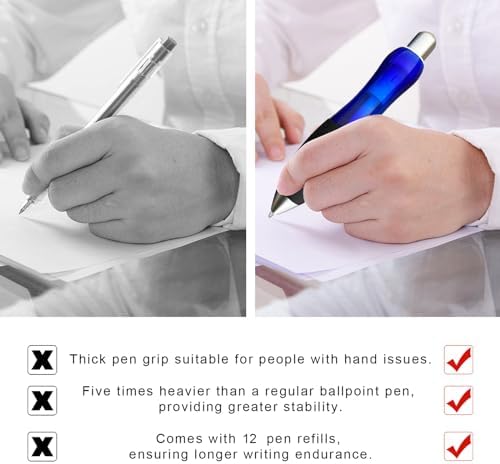 14pcs Big Fat Pens Aids Writing For Tremor, Arthritis, Parkinson, Handicap, Carpal Tunnel Large Wide Grip Pens Blue (2 Pen + 6 Black Refills + 6 Blue Refills)