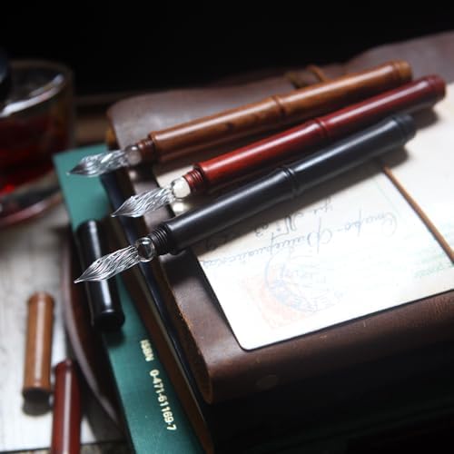 SeventyTwo Handmade Glass Dip Pen with Wood Handle, Fine Point Writing Instrument with Display Case (Black)