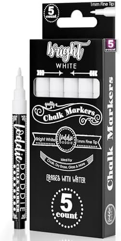 Loddie Doddie White Chalk Markers, Chalkboard Markers, 1 mm Point, 5 Pack