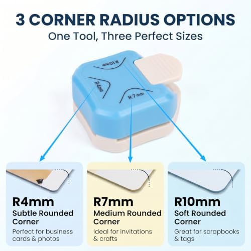 3 in 1 Corner Punch, 4mm, 7mm, 10mm Paper Corner Rounder for Laminated, Cardstock, Bullet Journal, Invitations, Gift Tags, Photocards, Business Cards, Scrapbooking