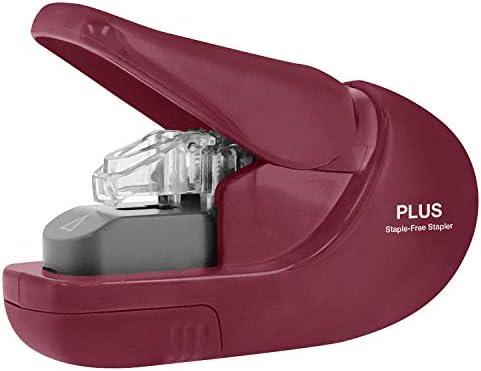 Plus Paper Clinch Compact Staple-Free Stapler, Burgundy Wine