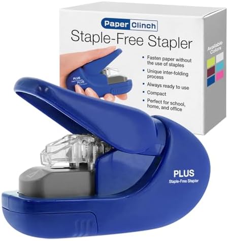 Plus Paper Clinch Compact Staple-Free Stapler, Blue