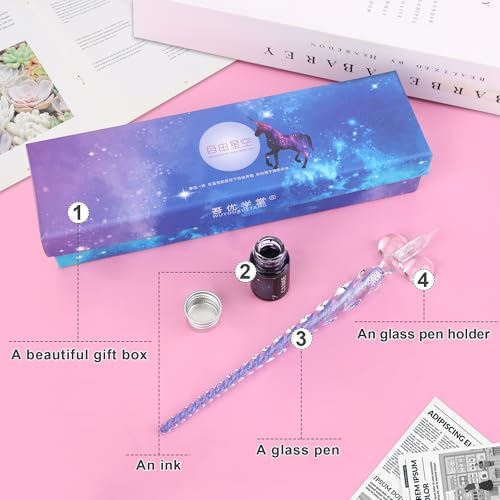 Luxiv Glass Dip Pen Set, Purple Crystal Pen With Ink, Holder, and Package