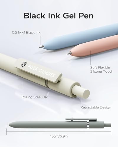 Four Candies Gel Pens, 6 Pcs 0.5mm Fine Point Quick Dry Black Ink Pen