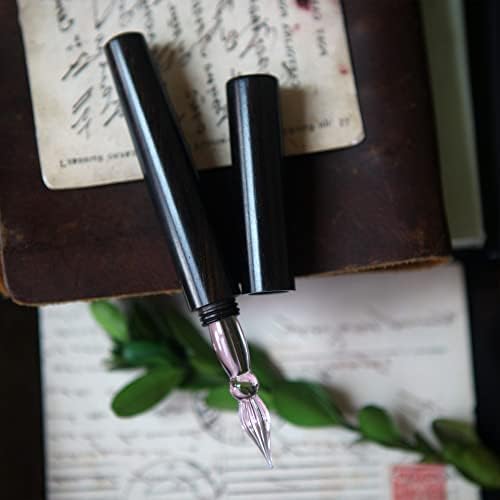 SeventyTwo Handmade Black Wood Glass Dip Pen - Crystal Spiral Tip Smooth Cylindrical Pen for Writing Drawing Signature Calligraphy Pen