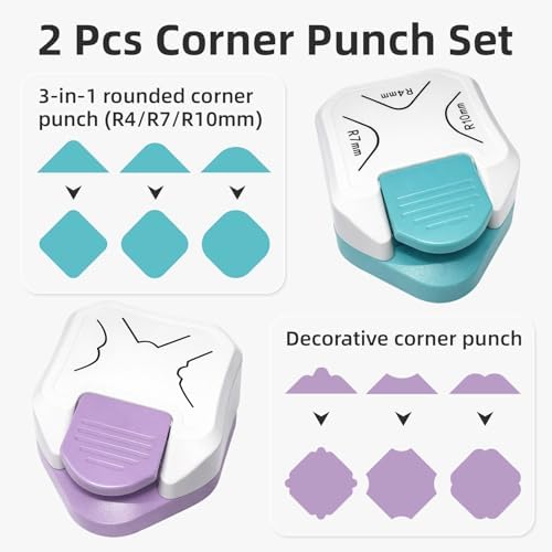 Paper Corner Cutter Set, 2 Pcs 3-in-1 Paper Corner Rounder Punch (R4/R7/R10mm) & Decorative Corner Punch, Round Corner Punch for Cardstock, Cards, Photos, Business Cards, Scrapbooks