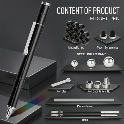 Magnetic Fidget Pen with Leak-Proof Ink, Cool Gadgets Gifts for Teenage Boys Girls Ages 13+ and Adults, Fun Magnet Pen Office Desk Accessories, Stress Relief Toys with Gift Box (Black)
