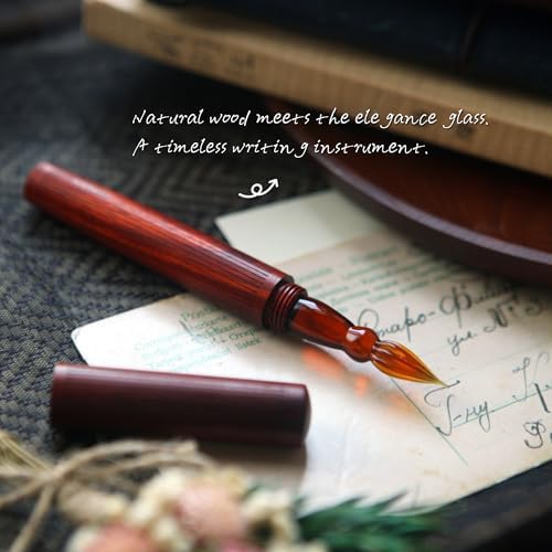 SeventyTwo Handmade Glass Dip Pen with Wood Handle, Calligraphy Writing Pen with Glass Nib (Red)