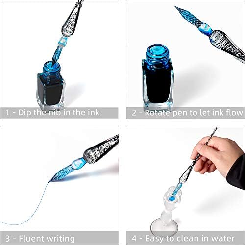 Handmade Glass Dip Pen Crystal Calligraphy Pen Signature Dipped Pen for Artist Women Men Teens,Writing Drawing Decoration Gifts (Silvery)