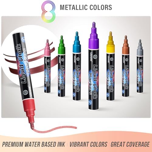 Chalk Markers 8 Metallic Colors Set for Blackboard & Glass Surfaces - Erase