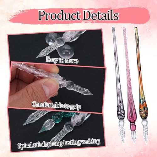 12 Pcs Glass Dip Pen Set with Penholders, Handmade High Borosilicate Crystal Signature Calligraphy Pens in 12 Colors for Writing, Drawing, Ink Art (Vintage Style)