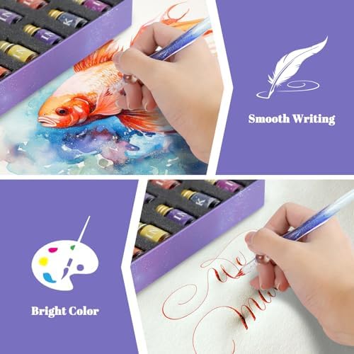 Glass Dip Pen Ink Set, 16pcs Fountain Calligraphy Pens Set, 2 Crystal Signature Glass Pen, 12 Gold Powder Drawing Ink Drip Tool for Art Writing Signatures Beginners Valentines Day Gift