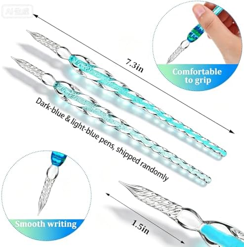Earlyred Calligraphy Pen Set Handmade Glass Dip Pen Holder Crystal Drip Fountain Pen Writing Signatures Pen Ink Washing Inkwell Pen Decoration Office Student Gift Blue (Not Ink)