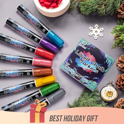 Chalk Markers 8 Metallic Colors Set for Blackboard & Glass Surfaces - Erase