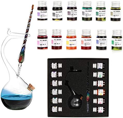 Handmade Glass Dip Pen Ink Set, Crystal Calligraphy Pen with Colorful Inks