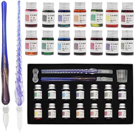AXEARTE Glass Dip Calligraphy Pen Set, 18-Pieces 14 Color Inks, Pen Holder, Cleaning Cup, 2 Crystal Glass Pens for Art, Writing, Drawing, Signatures, Gift for Kids and Artist