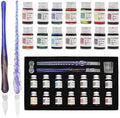 AXEARTE Glass Dip Calligraphy Pen Set, 18-Pieces 14 Color Inks, Pen Holder, Cleaning Cup, 2 Crystal Glass Pens for Art, Writing, Drawing, Signatures, Gift for Kids and Artist