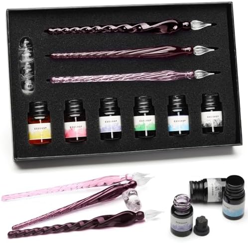 ESSSHOP Glass Pen Calligraphy Set - 3 Purple Crystal Dip Pens Color Ink and Pen Holder Art Supplies Kit for Signatures Beginners Journaling Lettering Drawing Holiday Gift Decoration