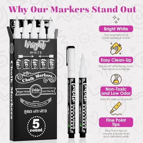 Loddie Doddie White Chalk Markers, Chalkboard Markers, 1 mm Point, 5 Pack