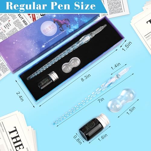 Luxiv Glass Ink Pen Set, Glass Dip Pen with Fluorescent Ink and Pen Holder Art Crystal Glass Pens for Signatures, Business Christmas Gift Glass Ink Pens (Blue, Basic)