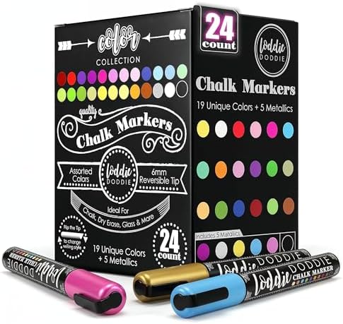 Loddie Doddie Chalk Markers, Liquid Chalk Pens, Reversible Tips, 24 Pack
