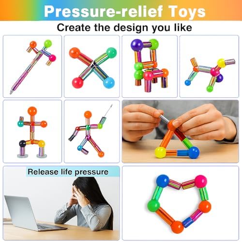 Magnetic Fidget Pen, Large Rainbow Modular Magnet Writing Tool for Adults, DIY Multifunctional Decompression Desk Toy, Unique Birthday Gift for Office, Holiday Present for 14 Years and Up