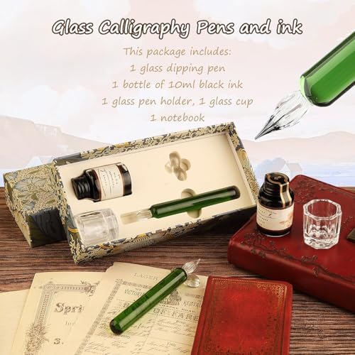 Glass Dip Pen Set,Calligraphy Pen,A Squat Crystal Signature Pen for Art, Writing, Signatures -Decoration and Business Gift (Green)