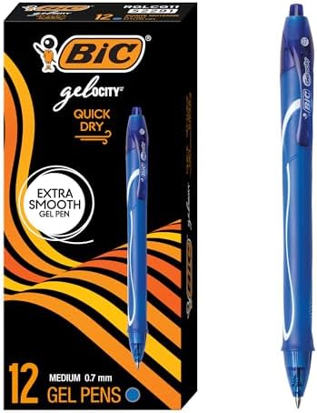 BIC Gelocity Quick Dry Blue Gel Pens, Medium Point, 0.7 mm, 12-Count Pack