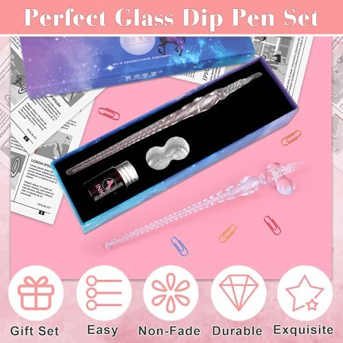 Luxiv Glass Dip Pen Set, Purple Crystal Pen With Ink, Holder, and Package