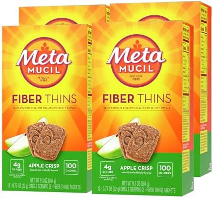 Metamucil, Fiber Thins, Daily Psyllium Husk Fiber Supplement, Supports Digestive Health and Satisfies Hunger, Apple Crisp Flavor, 48 Total Servings (4 Packs of 12)