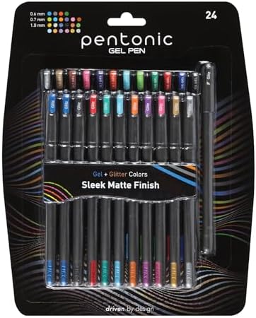 Pentonic Gel Pens, 24 Count, Mixed Pack (12 Assorted Color Pens, 12 Glitter Pens), Medium & Fine Point, Smooth Writing For Journaling (1002355)