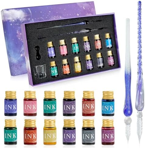 Glass Dip Pen Ink Set, 16pcs Fountain Calligraphy Pens Set, 2 Crystal Signature Glass Pen, 12 Gold Powder Drawing Ink Drip Tool for Art Writing Signatures Beginners Valentines Day Gift