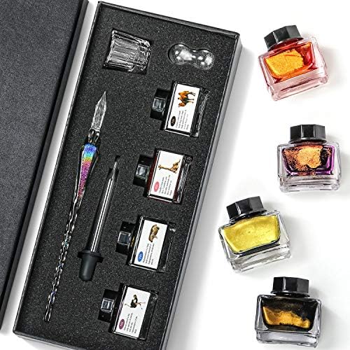 ESSSHOP Handmade Glass Dip Pen and Ink Set - 15ml Color Inks Pen Holder Cleaning Cup Ink Drip Tool Crystal Signature Dipped Pen Kit for Art Writing Calligraphy Christmas Day Gifts