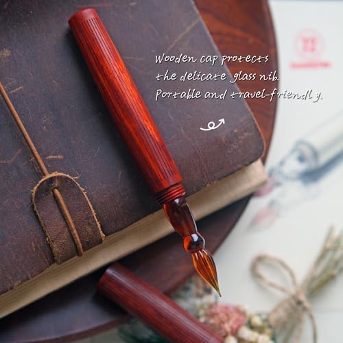SeventyTwo Handmade Glass Dip Pen with Wood Handle, Calligraphy Writing Pen with Glass Nib (Red)