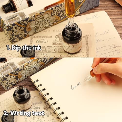 Vintage Glass Dip Pen Ink Calligraphy Set Elegant Writer Kit with Pen Stand, Ink,Notebook for Beginners Artists Unique Gift for Drawing, Writing, Stationery Lovers L16 (Yellow)