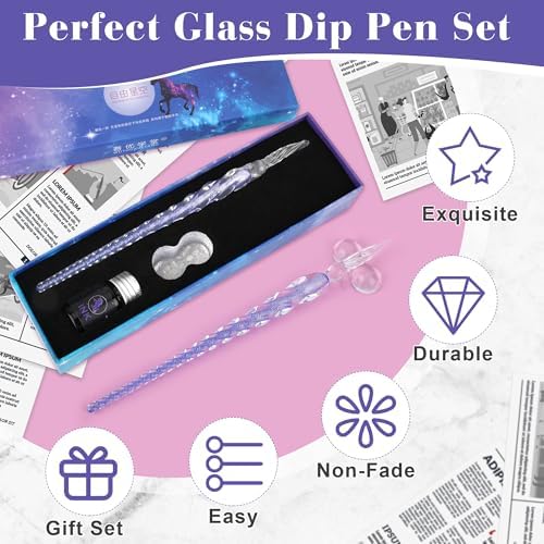 Luxiv Glass Dip Pen Set, Purple Crystal Pen With Ink, Holder, and Package