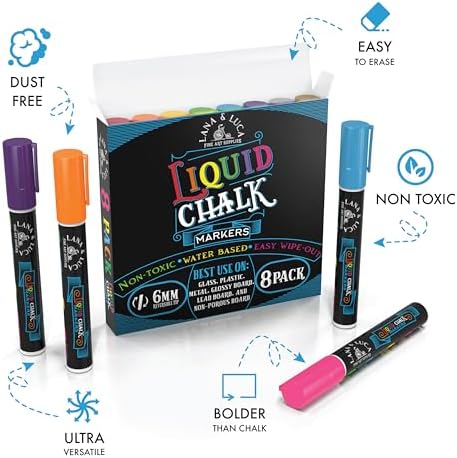 LANA & LUCA Liquid Chalk Markers - Bold Colors - 8 Pack, 6mm Tip