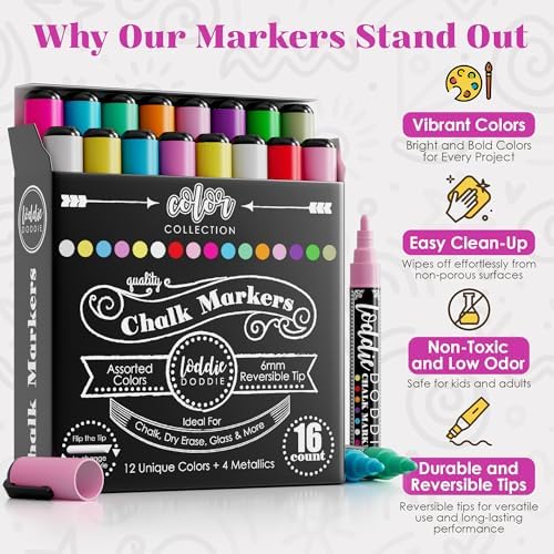 Loddie Doddie Chalk Markers, 6 mm Reversible Tips, Pastel & Neon, 16 Pack