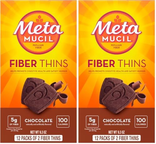 Metamucil Fiber Thins, Psyllium Husk Fiber Supplement, Digestive Health Support and Satisfy Hunger, Chocolate Flavored, 12 Servings (Pack of 2)