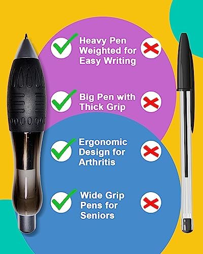 𝟯 𝗼𝘇 Fat 𝐇𝐞𝐚𝐯𝐲 𝐖𝐞𝐢𝐠𝐡𝐭𝐞𝐝 Pens for Arthritis Parkinson's Carpal Tunnel Tremors Wide Grip, Thick Barrel, Easy to Hold Black Blue (2 Pens + 3 Blue 3 Black Refills)