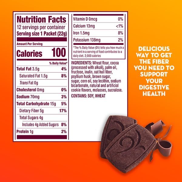 Metamucil, Fiber Thins, Daily Psyllium Husk Fiber Supplement, Supports Digestive Health and Satisfies Hunger, Chocolate Flavor, 12 Count