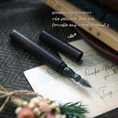 SeventyTwo Handmade Glass Dip Pen with Wood Handle, Calligraphy Writing Pen with Glass Nib (Black)