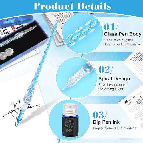 Luxiv Glass Ink Pen Set, Glass Dip Pen with Fluorescent Ink and Pen Holder Art Crystal Glass Pens for Signatures, Business Christmas Gift Glass Ink Pens (Blue, Basic)